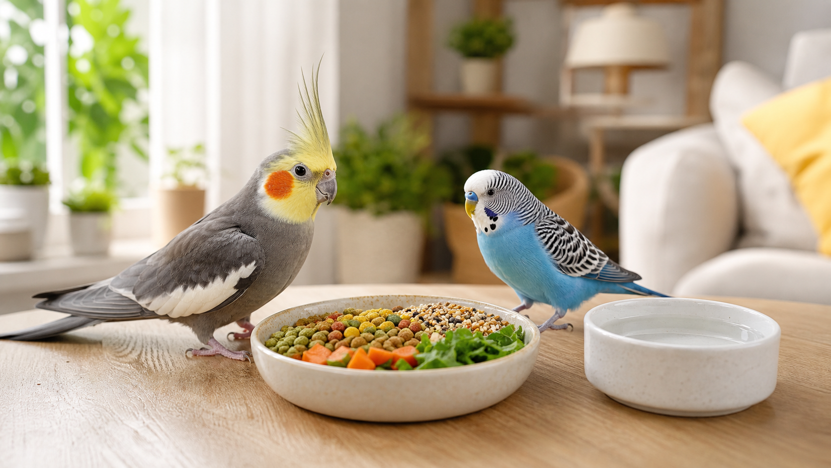 نمونه ظرف غذای متعادل برای پرنده خانگی با دانه، پلت و سبزی تازه